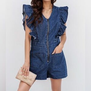 SYNZ Denim Ruffled Zipped Front Belted Romper
